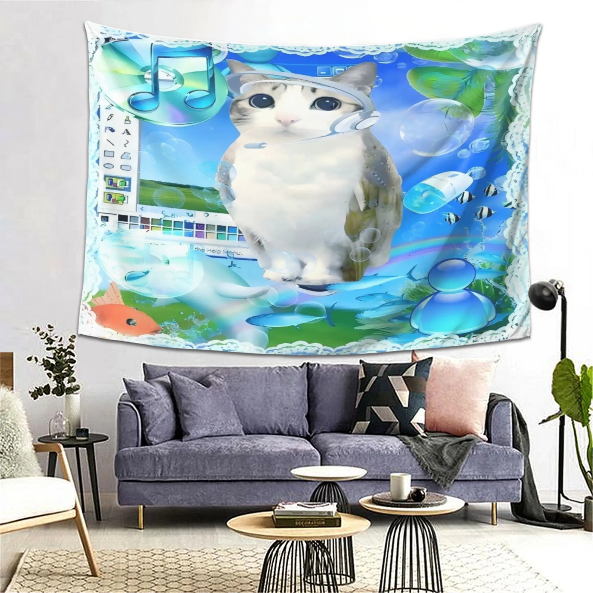 VIKAMA Millennium Y2K Wind Earphones Cat Tapestry, Retro Steam Wave Wall Art for Bedroom Living Room Ocean Elements Decor