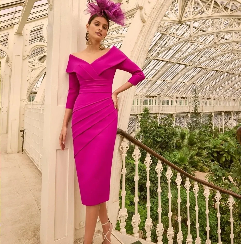 Customized New Fuchsia Mother of the Bride Dress 2025 V-Neck 3/4 Sleeves Wedding Guest Party Gowns Pleats Tea-Length De Mariage