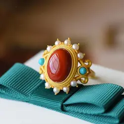 Natural South Red Agate 925 silver inlaid pearl turquoise pendant necklace niche light luxury charm female brand jewelry set