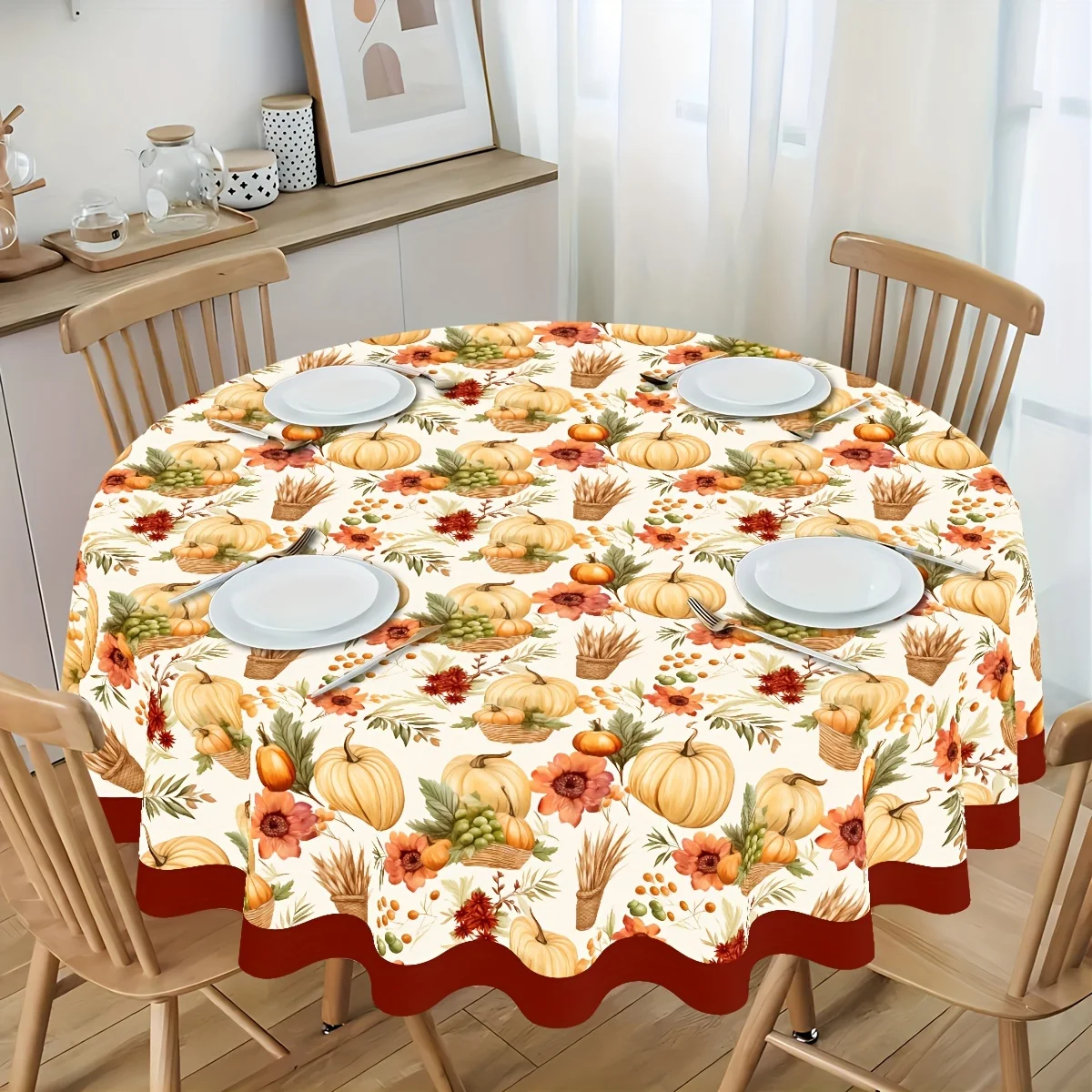 2D Printing 59X59 inches Thanksgiving Autumn Harvest Flowering Pumpkin Tableclothyzb
