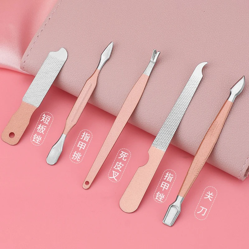 휴대용 매니큐어 세트, 전문 네일 풋 케어 페디큐어 손톱깎이, 페디큐어 나이프 그루밍 키트, 핑크 접이식 가방 포함, 15 개
