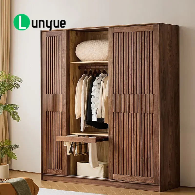 North American Black Walnut Sliding Door Wardrobe Red Oak Cherry Wood Storage Cabinet Japanese Modern Simple Design for