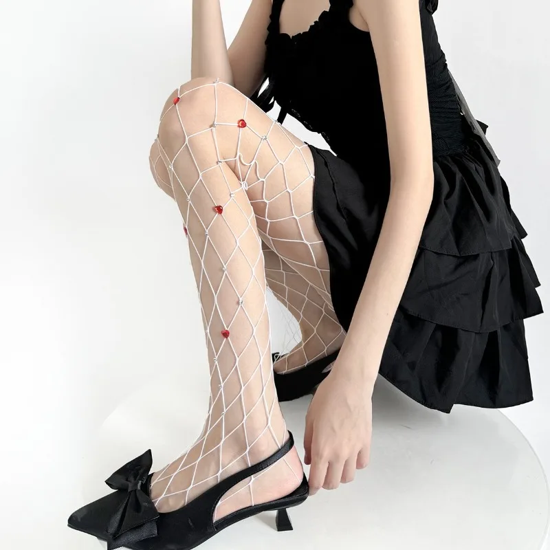 

Y2K Heart Mesh Tights for Girls Crystal Rhinestone Fishnet Pantyhose Breathable Diamond Weave Toe-to-Thigh Statement Legwear