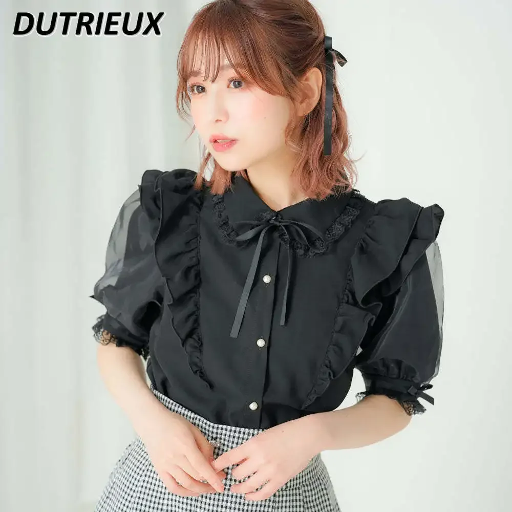 Japanese Style Lolita Sweet Girls Heavy Industry Shirt Lace Mesh Patchwork Thin Blouse Bow Wooden Ear Short Sleeve Tops