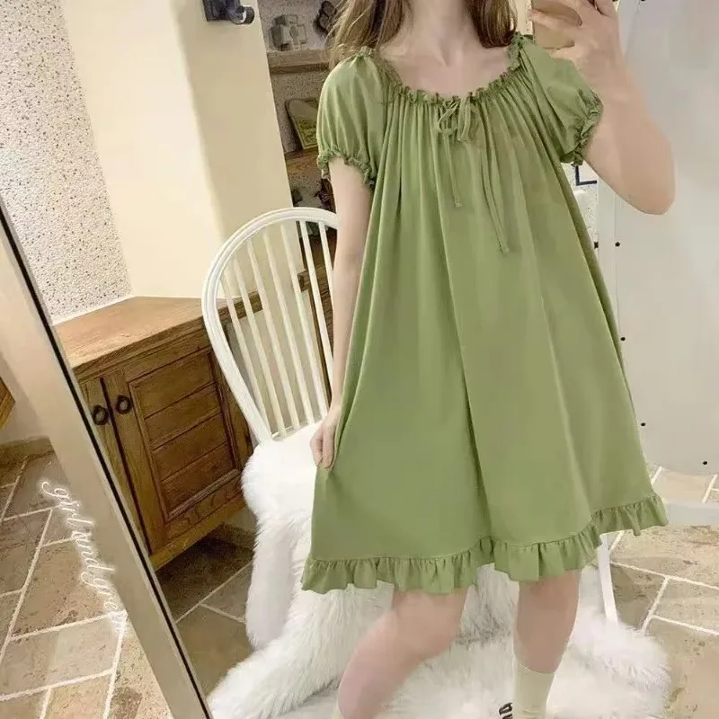 Women's Summer Japanese Version Loose Casual Mid Length Nightgowns Cute Simple Ruffled Edge Sleepshirts Student Homewear Pajama