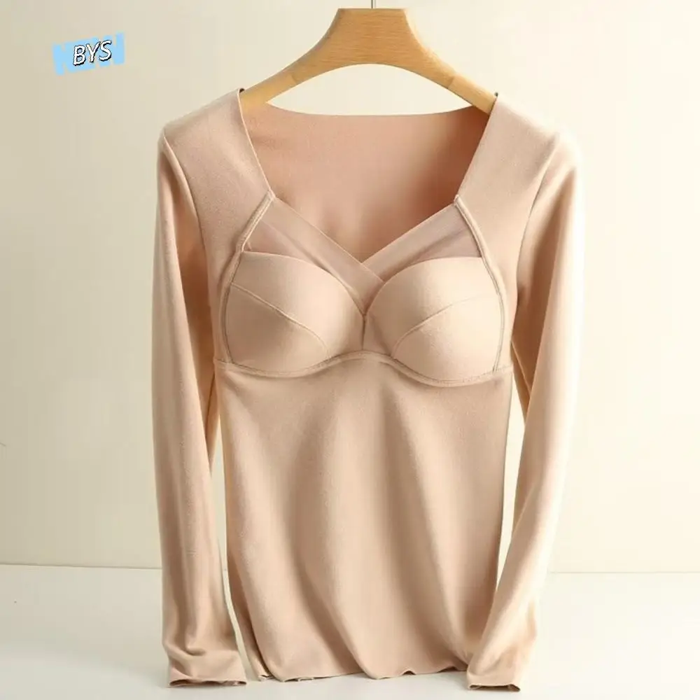 

V Mesh Neck Women Thermal Clothes Solid Color Invisible Thermal Underwear Feel Heating Velvet Fleece Warmth Long Tops