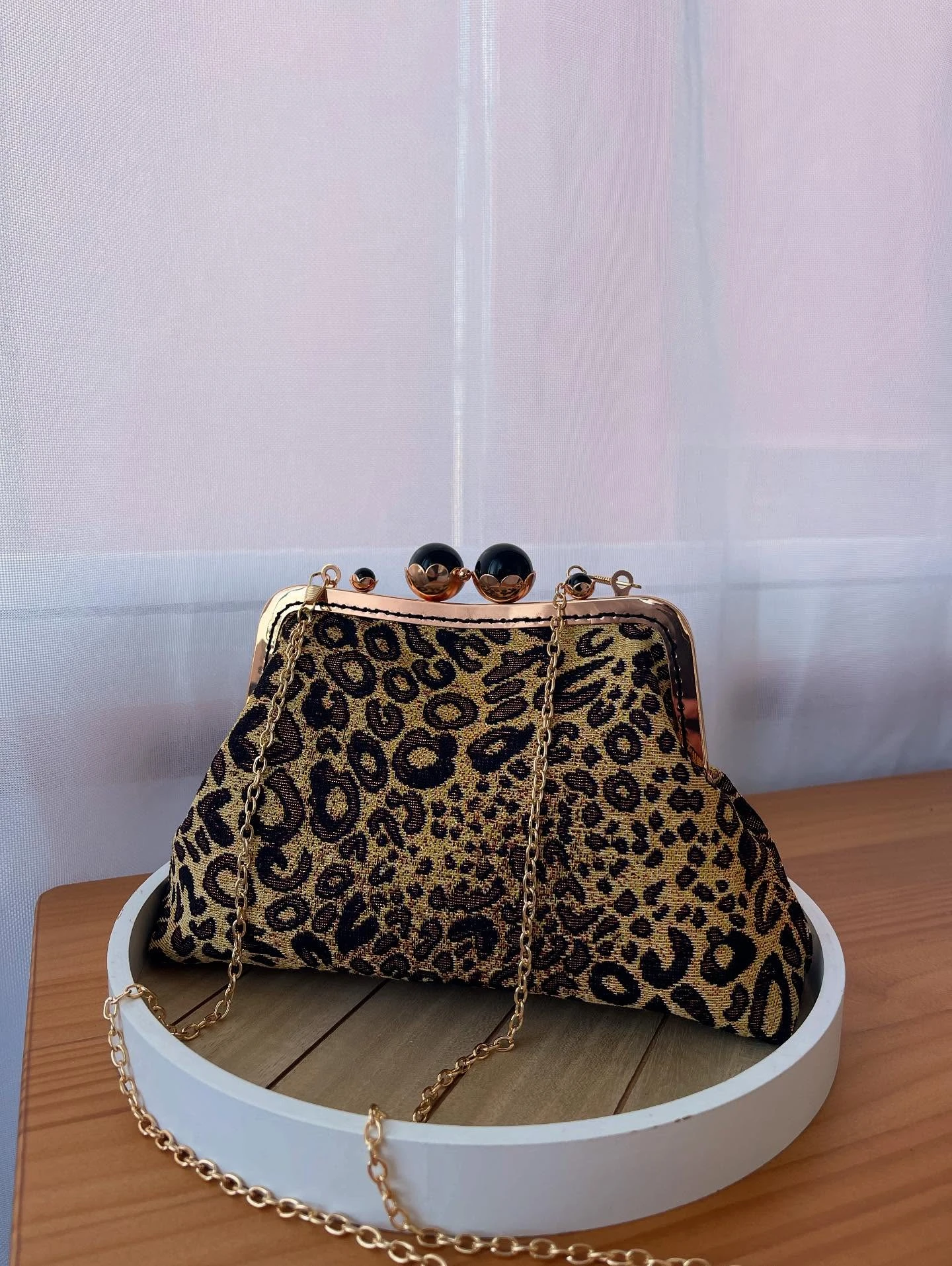 Lost in Vintage Leopard Shoulder Bag Brown Leopard Bags Kiss Lock Puffy Canta Pearl Kiss Lock Frame Eveningclutch 37x25x10cm