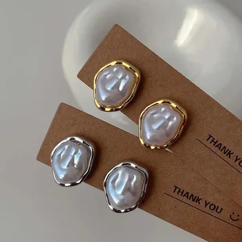 Geometric Irregular Round Metal Pearl Earrings for Women 2025 Minimalist Style…