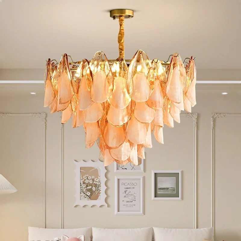 2025 جديد مصمم البتلة شكل الزجاج الثريا عكس الضوء الفولاذ المقاوم للصدأ قلادة مصباح قابل للتعديل السقف بريق لغرفة المعيشة