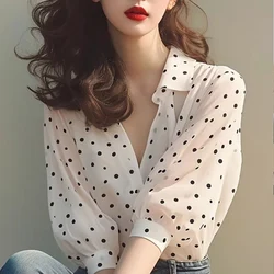 Summer New White Polka Dot Chiffon Short Sleeve Shirt Fashion Versatile Original Design Elegant Vintage Loose Casual Women's Top