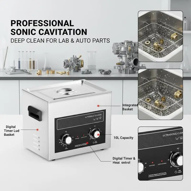 Ultrasonic Washing Equipment 10L For Laboratory Instruments, Automotive Components, Mechanical Parts, 240W Power Digital Timer Heating Element Cleaning Basket Included Professional Cavitation Device Heavy Duty Industrial Grade Tank Tuning Mode Utilit
