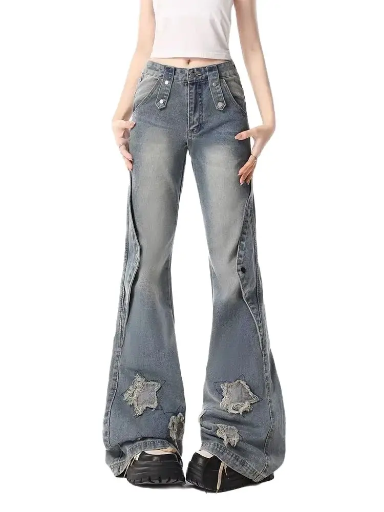 Celana Bell Bottoms wanita, Jeans bordir bintang biru desain baru pinggang tinggi ramping Streetwear Vintage Kpop 2024