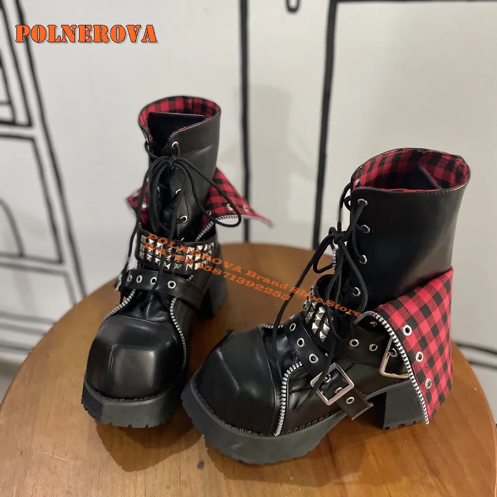 Belt Buckle Rivet Thick Sole Couple Ankle Boots Round Toe Height Increasing Platform Turned-Over Edge Y2K Punk Shoes Large Size