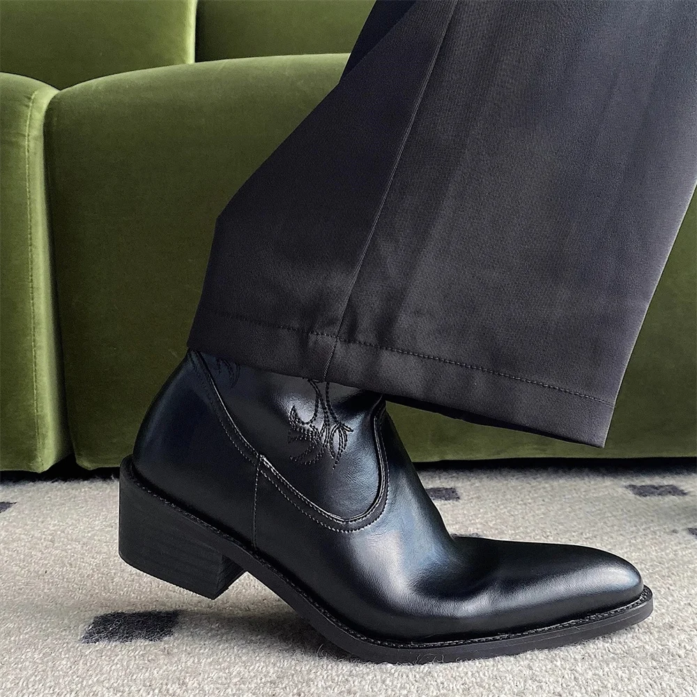 Embroidered Genuine Leather Short Boot for Men Vintage Pointed Toe Chunky Heel Side Zipper Trendy Black Casual Chelsea Boots