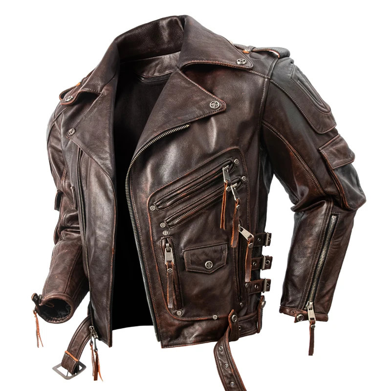 Vintage Red Brown Winter Leather Jacket Men Motorcycle Style Plus Size 6XL Natural Thick Cowhide Protective Gear Can Be Added