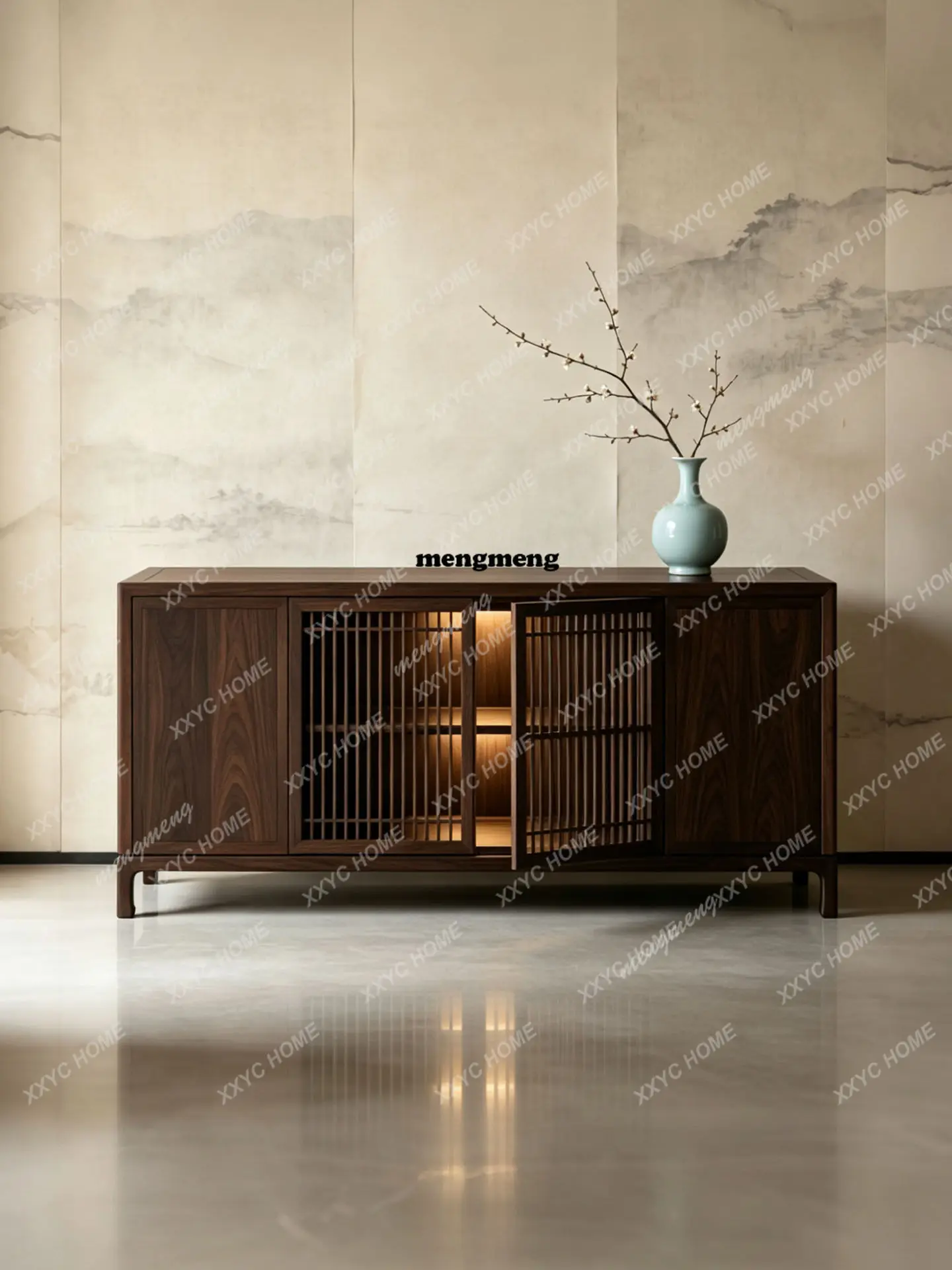 Black walnut grille, dining side cabinet, new Chinese-style Zen living room, locker, solid wood four-door storage cabinet