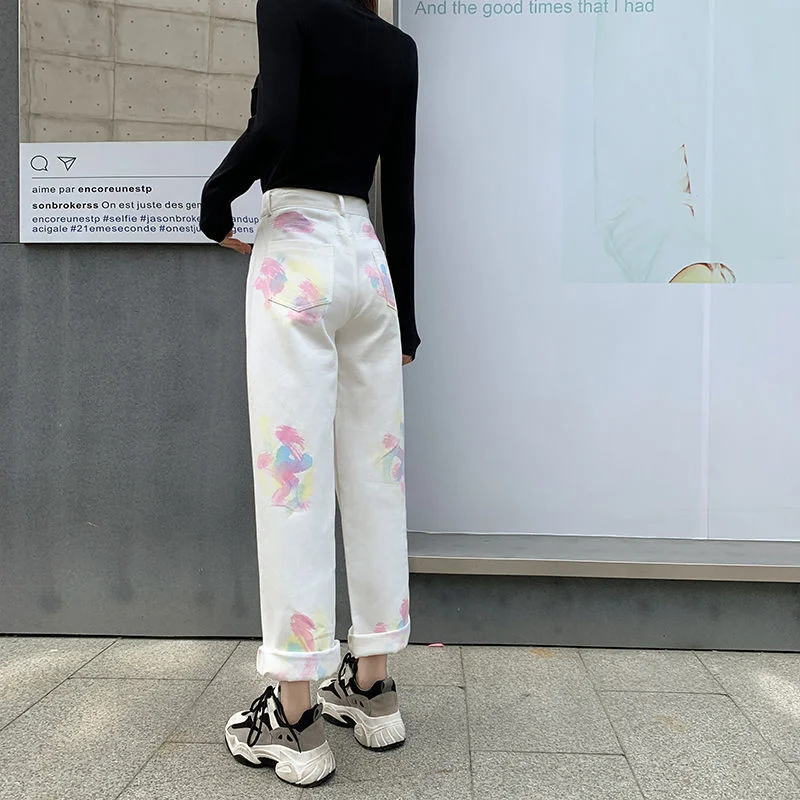 Tie Dye Wide Leg Jeans Women Korean Style Trousers Vintage High Waist Baggy Chic Ulzzang Street Casual All-match Denim Pants