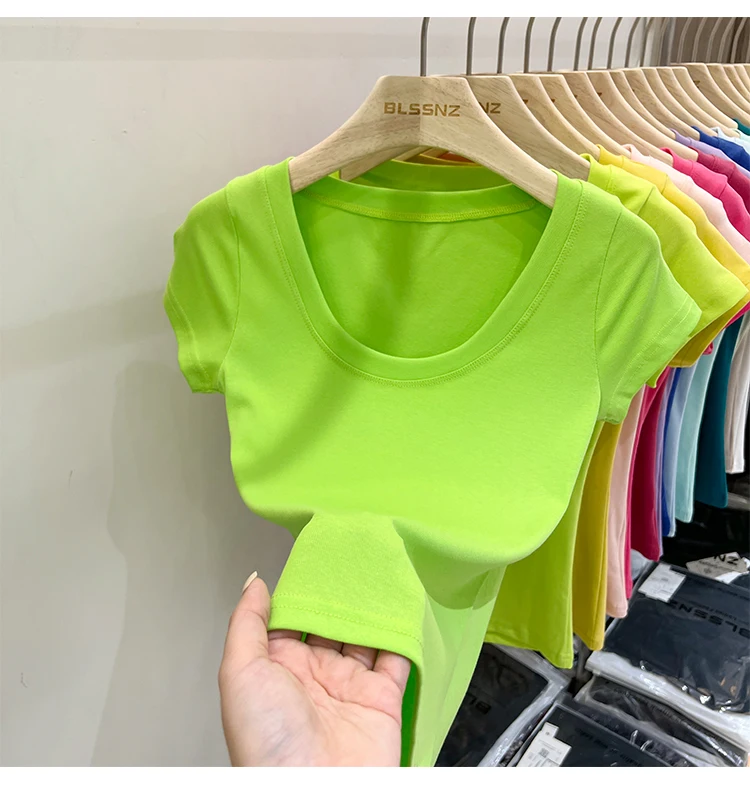 2026 Sexy Quadratischer Ausschnitt Slim T-Shirt Damen Baumwolle Elastisch Basic Einfarbig Lässige Oberteile Kurzarm Dünne T-Shirts Transparent – Detail 8