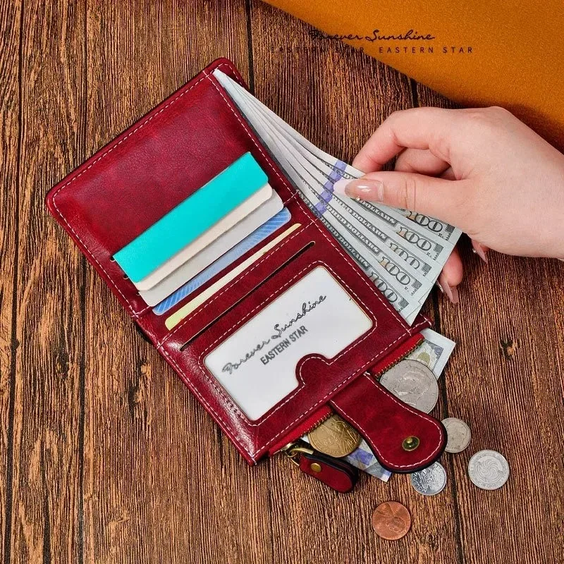 

Women Vintage Wallets Greased Leather Flower Ladies Zipper Coin Purse Female Small Clutch Money Bag Credit Card Holder Wallet