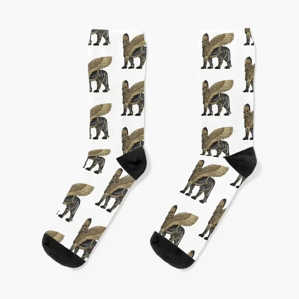 

Assyrian Winged Lion - Gold and Black Lamassu over White Leather Socks kids man christmas stocking heated Mens Socks Women's