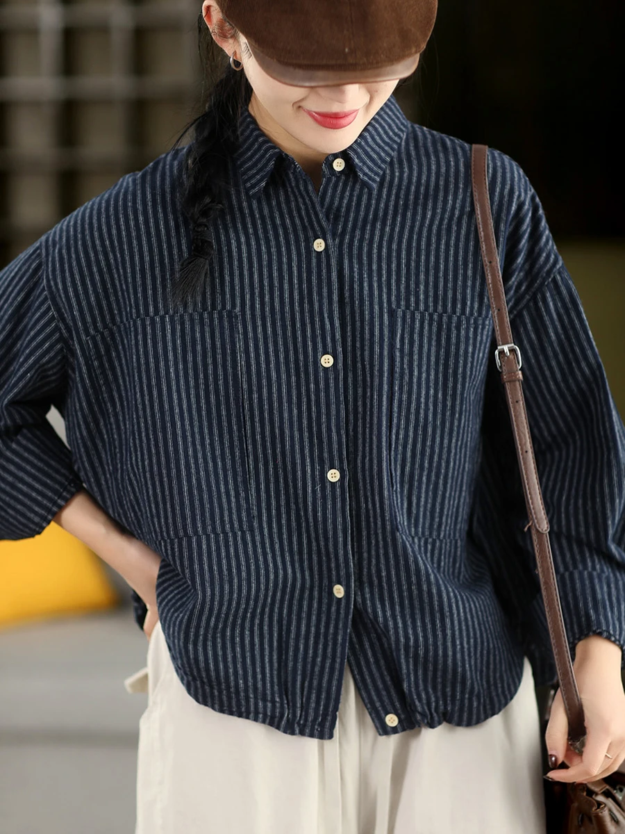 

Spring Casual Cotton Shirt Women's Loose Fit Long Sleeve Striped Casual Style Fashionable Turn-down Collar Open Cardigan Top