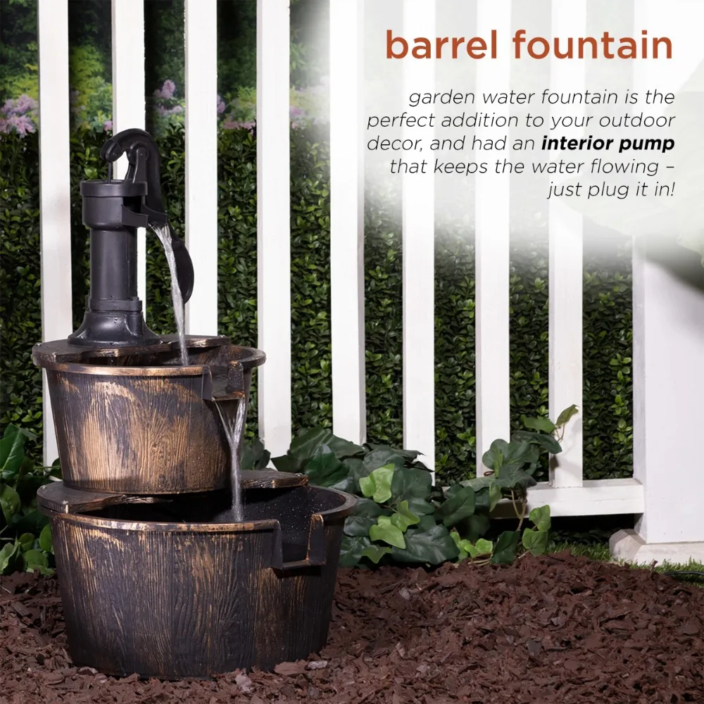 Outdoor Floor Rustic 2-Tiered Barrel and Pump Water Fountain, Old-Fashioned Fountain, 27