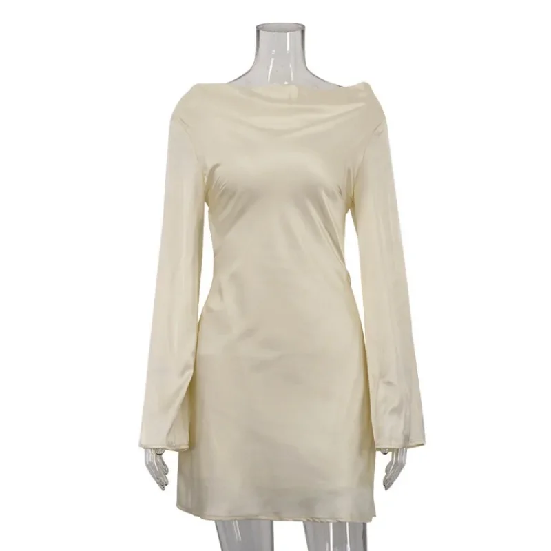 DINADD Abito senza schienale in raso Abito corto da donna sexy con lacci a maniche lunghe a trapezio Elegante abito da sera con scollo a barchetta