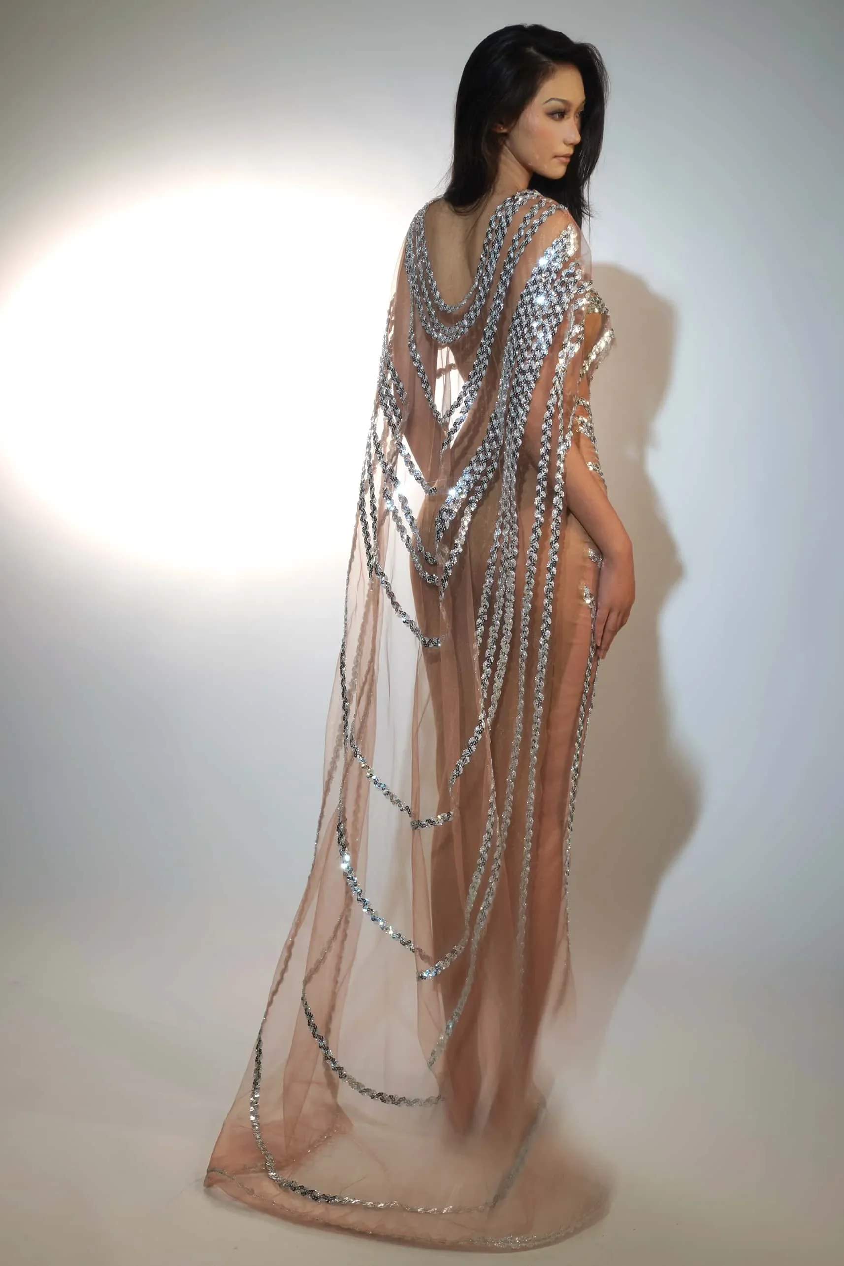Fengshui Silver Sequins Dress Birthday Party Long Dress Transparent Mesh Rave Outfit Showgirl Costume Stage Wear for Women