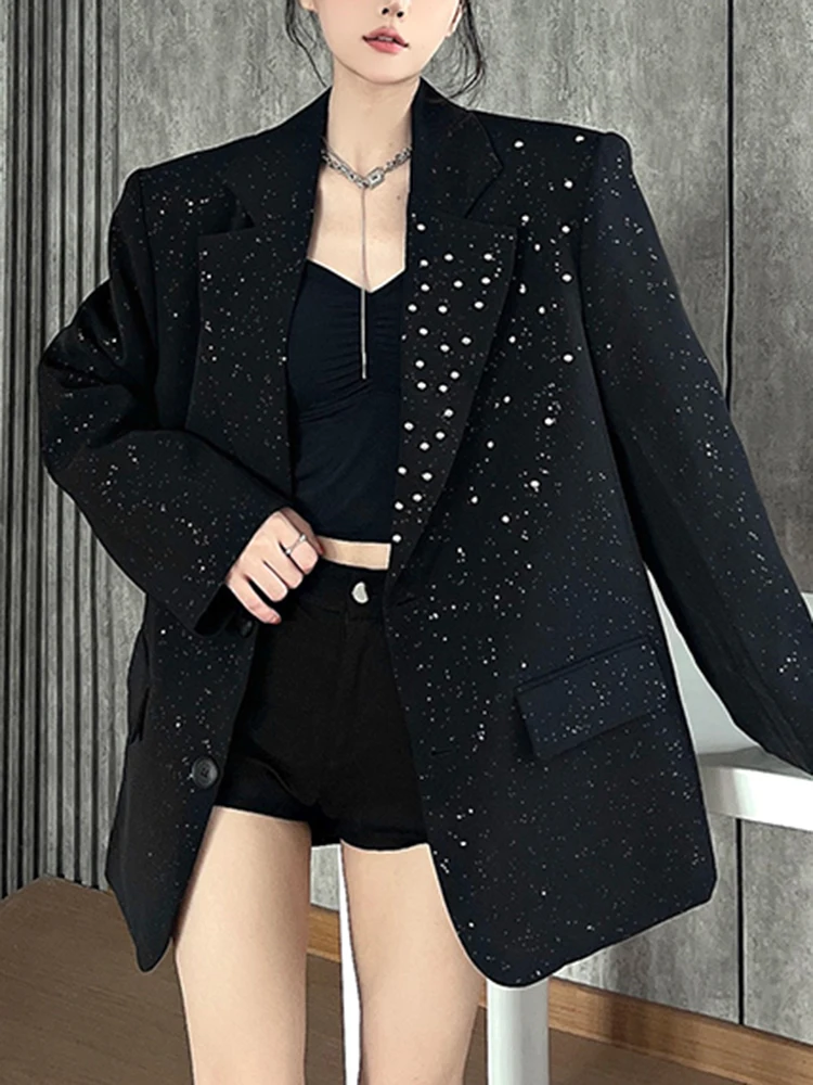YERMORA Nero Rivetto Paillettes Moda Giacca Casual Per Le Donne Risvolto Manica Lunga Allentato Nuova Giacca Marea Primavera Autunno 2025
