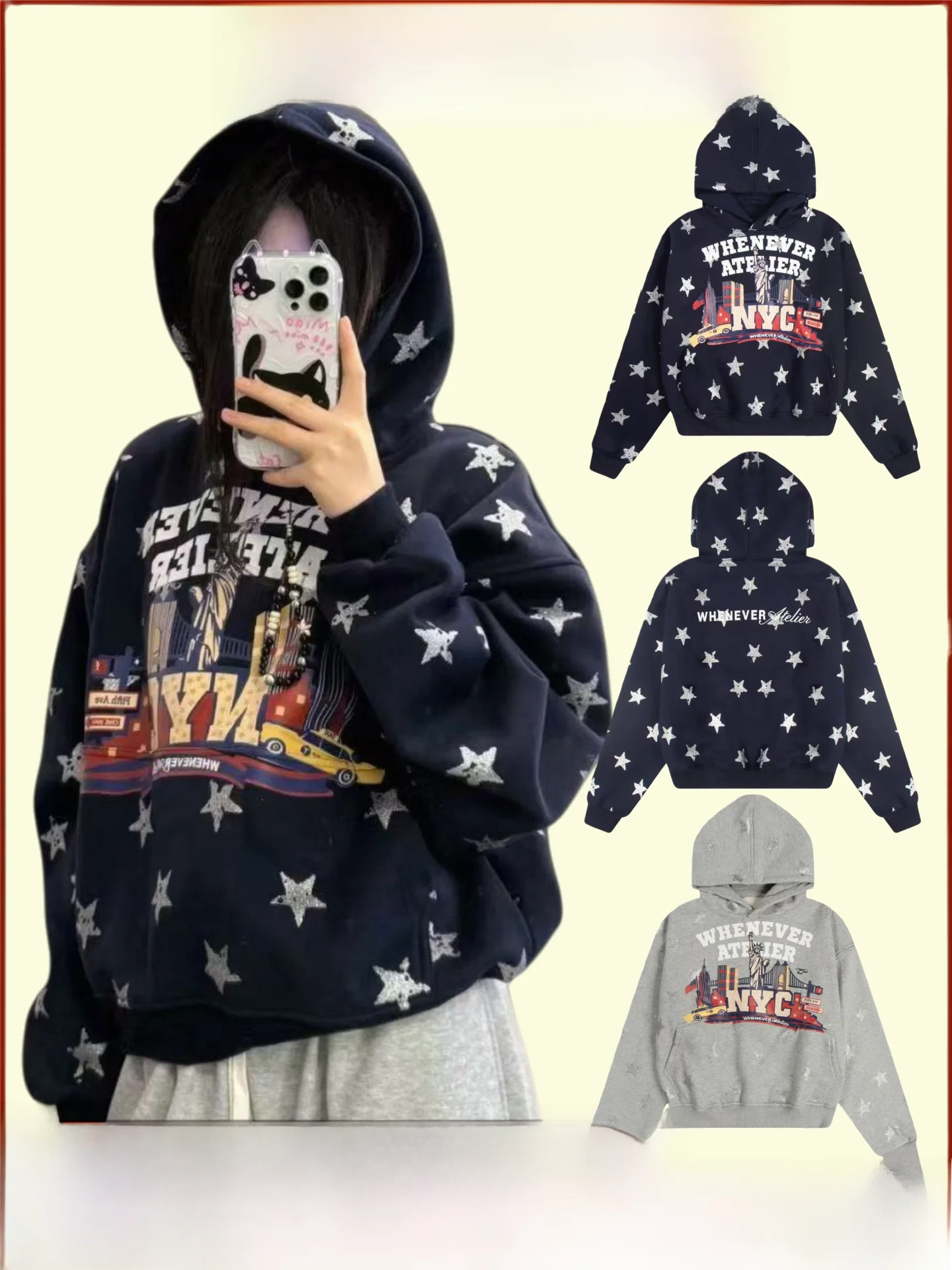 

Women's Fleece-lined Hoodie with Star Liberty Statue Print Loose Fit Long Sleeve Short Length Commute Style Winter Jacket