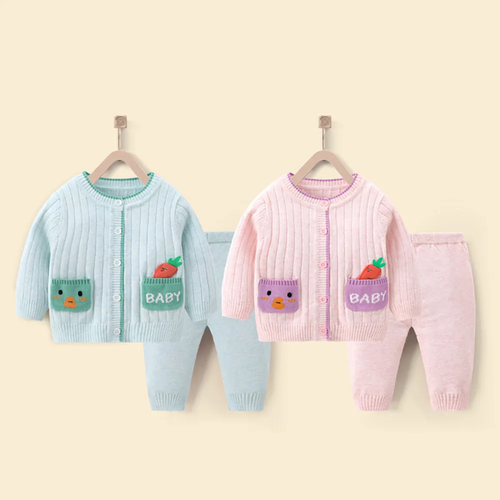 

0-2 Y Infant Kids Knitted Sweater Sets Spring Autumn Cartoon Baby Girls Boys Sweater Cardigan Tops+Pants 2Pcs Children Clothes