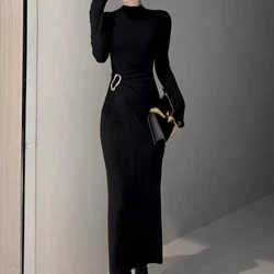 Sexy and Pure Desire Style Semi High Neck Long Sleeved Dress Women Autumn Slim Slim Pleated Waist Bag and Buttocks Long Skirt