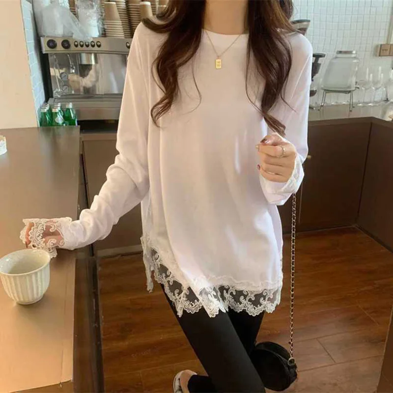 Stylish O-Neck Spliced Loose Ruffles Lace T-Shirt Women's Clothing 2022 Autumn New Oversized Casual Pullovers All-matc Tee Shirt