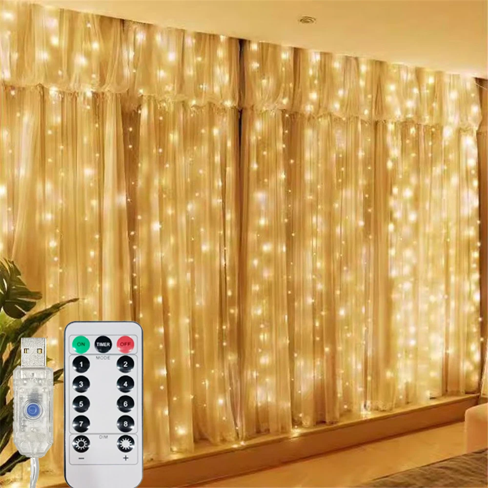 USB Remote LED Curtain Lights 8 Modes for Wedding Garden Party Bedroom Wall Window Home Decor Eid Decor LED Garland Lamp