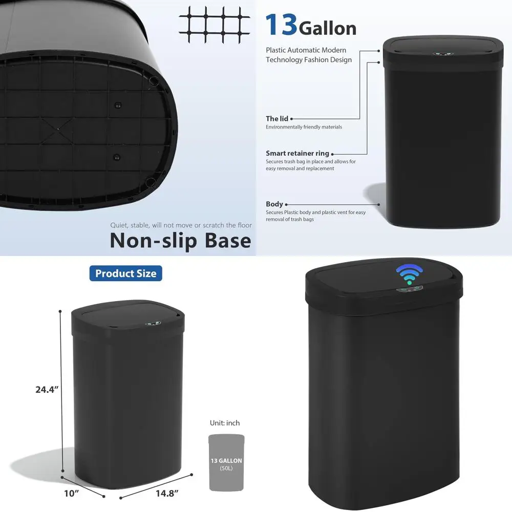 

50L Touchless Kitchen Trash Can with Lid, Automatic, Odor-Controlled Plastic Waste Bin for Dorm or Home
