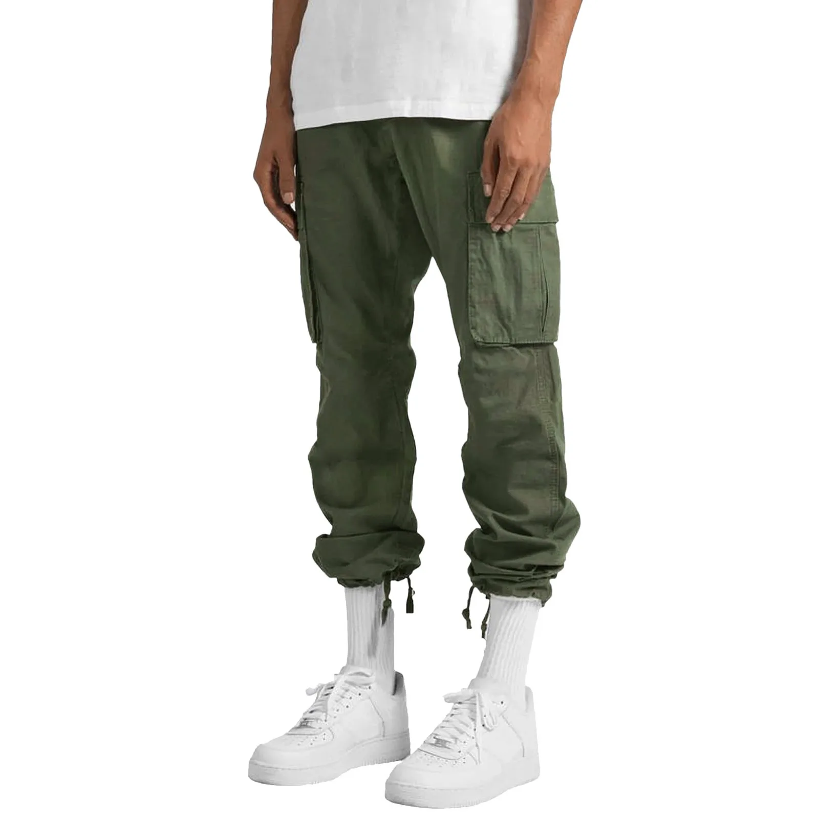 New 2025 Cargo Pants Trousers for Men Full Length Solid Color Loose Multi-pocket Drawstring Pockets Pants Male Cargo Pants