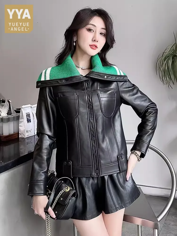 Women Sheepskin Genuine Leather Jacket Slim Fit Patchwork Knitted Lapel Single Breasted Black Punk Motorcycle Short Coat Female