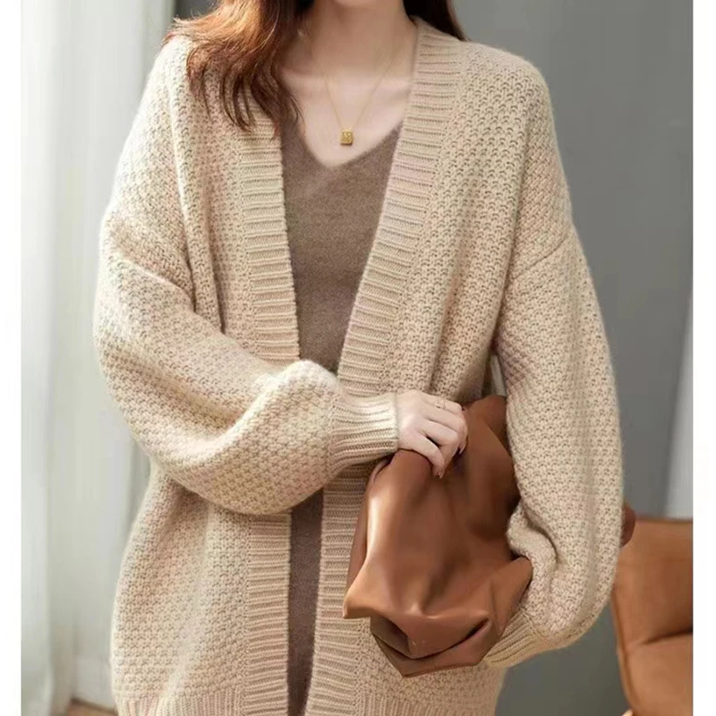 ABRINI Women Solid Knitted Warm Cardigan Coat Lantern Sleeve Office Sweater Coat Autumn Winter For Women Casual Outerwear 2023