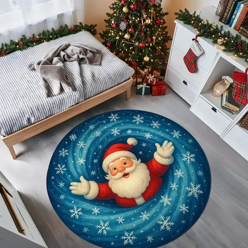 

Рождественский круглый коврик с Санта-Клаусом и снежинками, синий спиральный зимний дизайнерский ковер, праздничный праздник для декора гостиной