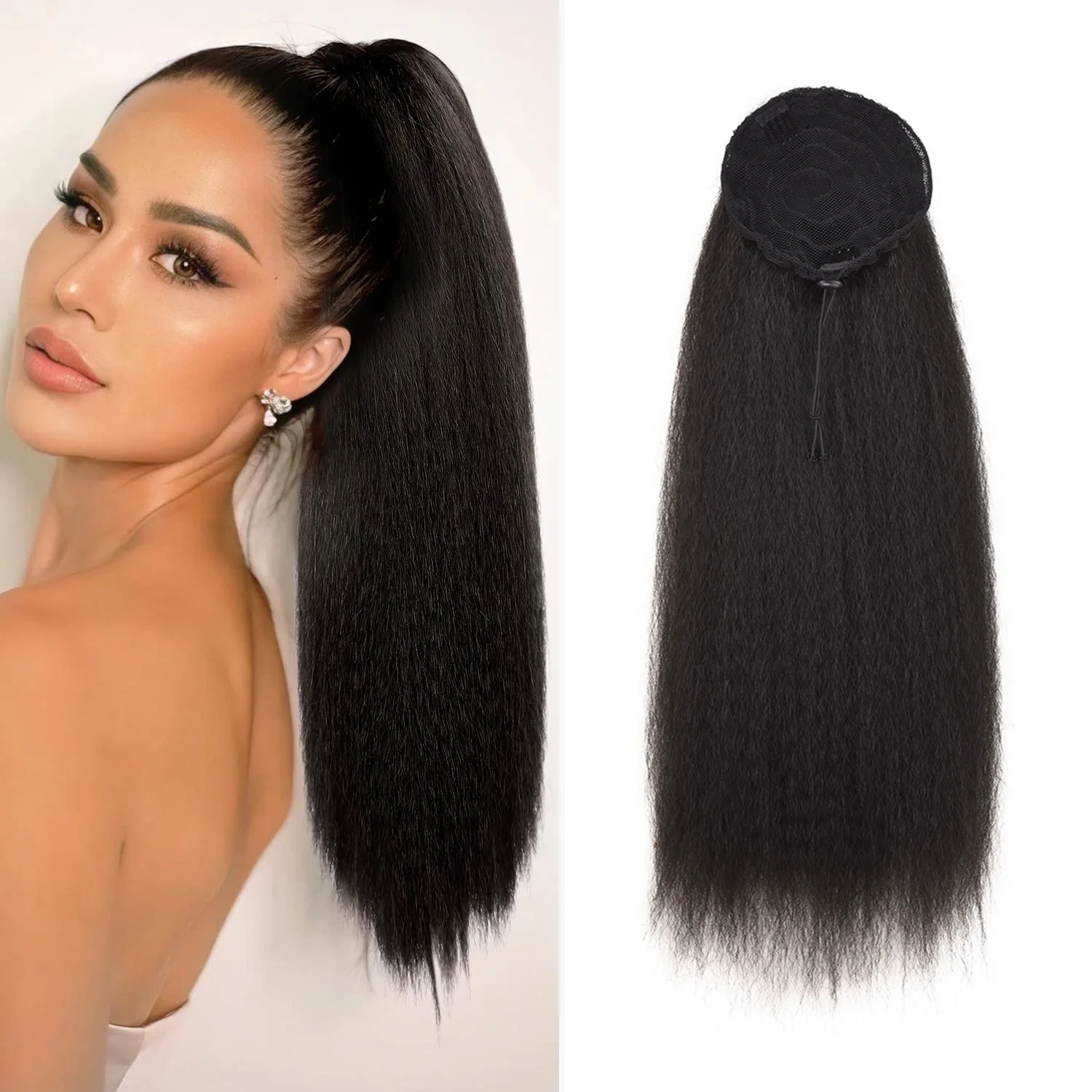 

Long Straight Drawstring Ponytail Yaki Straight Hair Synthetic Pony Tail Clip in Ponytail Hair Extensions Fluffy Black Yaki Hair