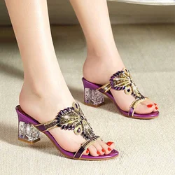 2023 New Female Crystal High Heels Slippers Peep Toe Casual Slides Flip Flops Fashion Pumps Comfortable Sandals