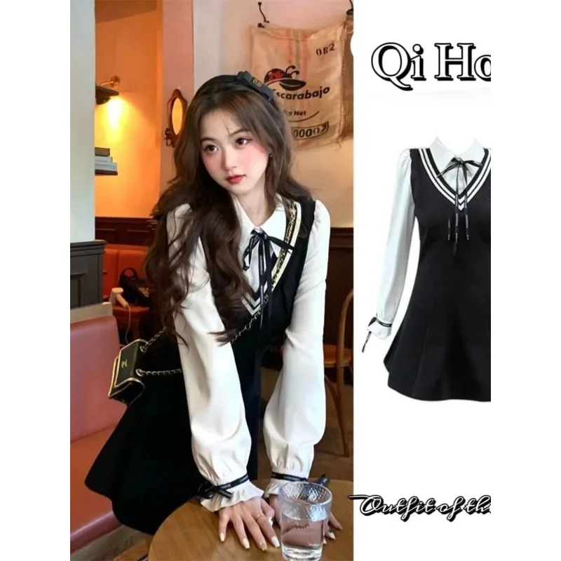 

LCK01 2025 Spring and Autumn New Splicing Shirt Collar Fake Two piece Dress Gentle Slimming Small College Style Long SleeveYh1@！