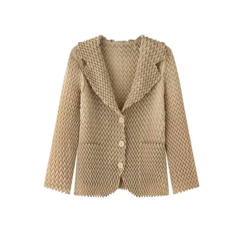 Miyake Pleated Simple Solid Color Wave Small Suit Casual Versatile Long Sleeved Short Jacket Women's 2025 Autumn New Style
