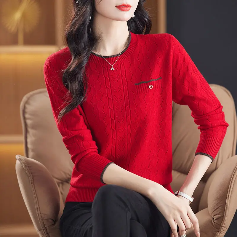 Odzież damska Wiosna Jesień Crew Neck Solid Color Pullover Long Sleeve Hook Flower Hollow Sweater Knitted Casual Elegant Tops