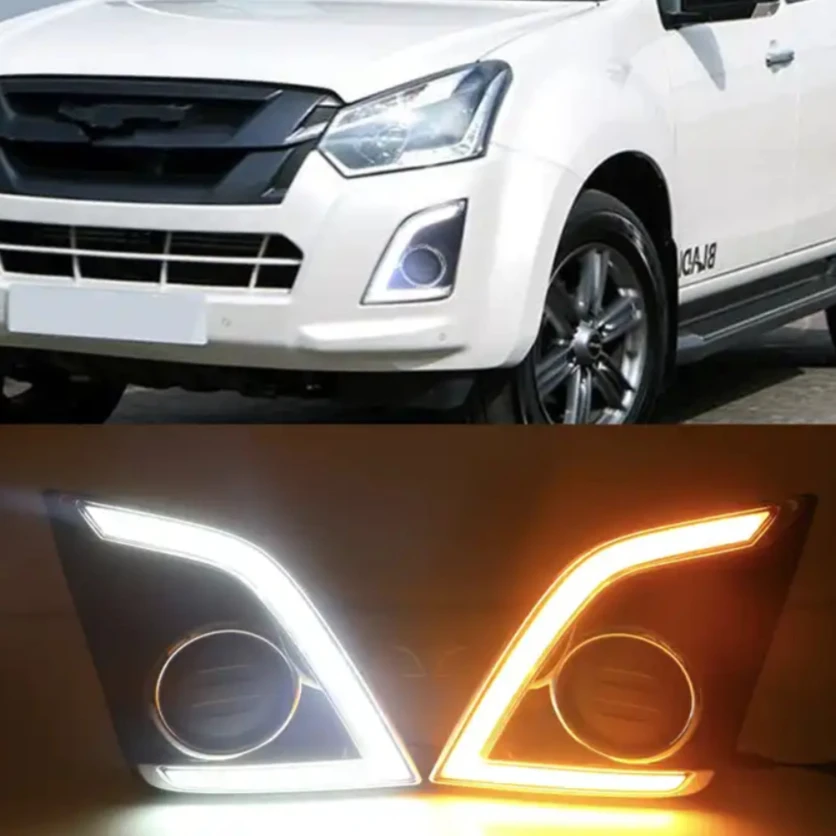 

Автомобильные светодиодные дневные ходовые огни для ISUZU D-MAX DRL LED 2016-2018 DMAX, белый, янтарный, крышка противотуманной фары, обновление водяного указателя поворота