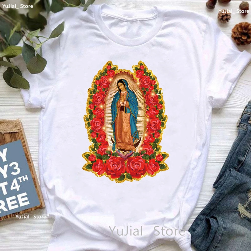 2024 Watercolor Lady Of Guadalupe Flowers Print Tshirt Women Summer Fashion Tops Tee Shirt Femme Faith White T Shirt Female