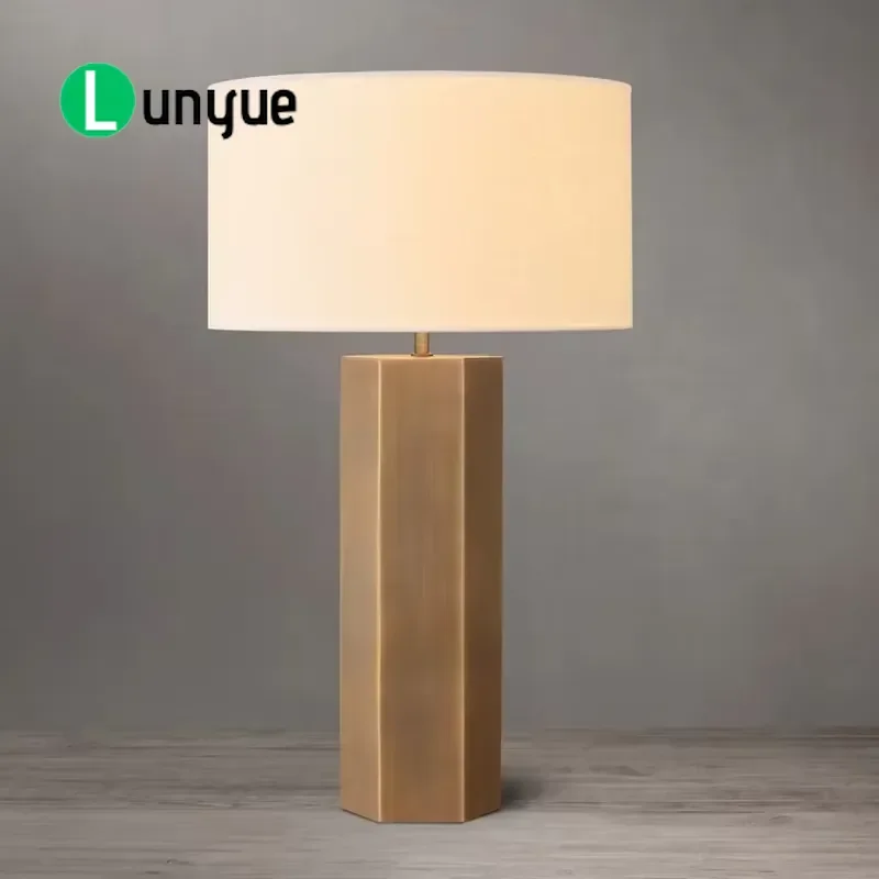 Modern Brass Linen Table Lamp Rectangular Column Light for Bedroom Living Room Simple Design Home Decor Lighting