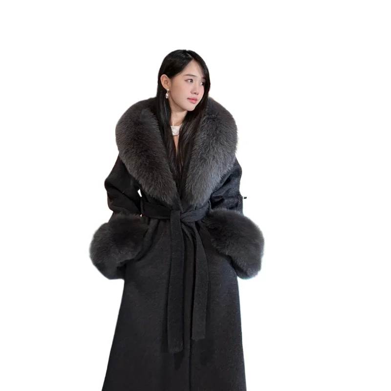 

Двустороннее шерстяное кашемировое пальто, женское осенне-зимнее пальто 2022, новое пальто с лисьим мехом, среднее и длинное тонкое пальто на шнуровке