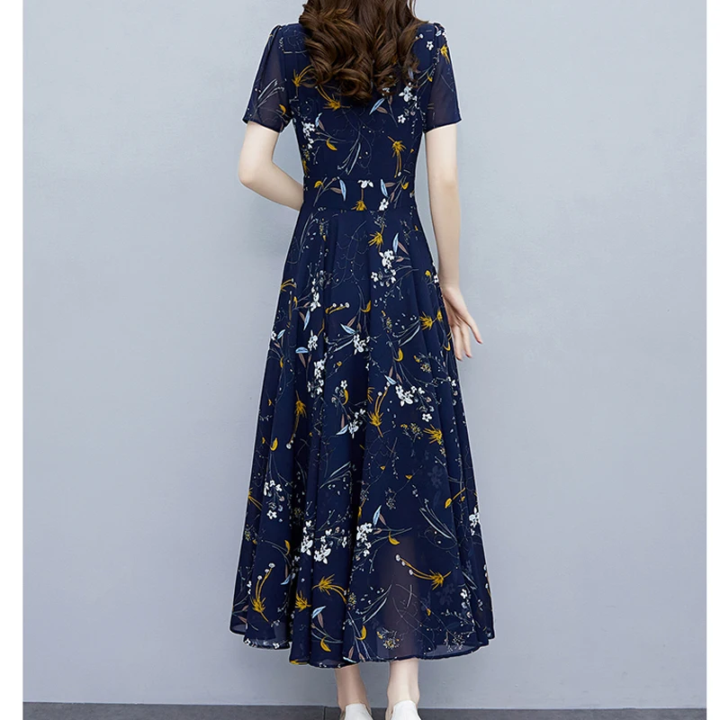 Women Chiffon Long Dresses Summer Female O Neck Short Sleeve Large Size Elegant Slim A Line Bohemia Print White Navy Blue Vestid