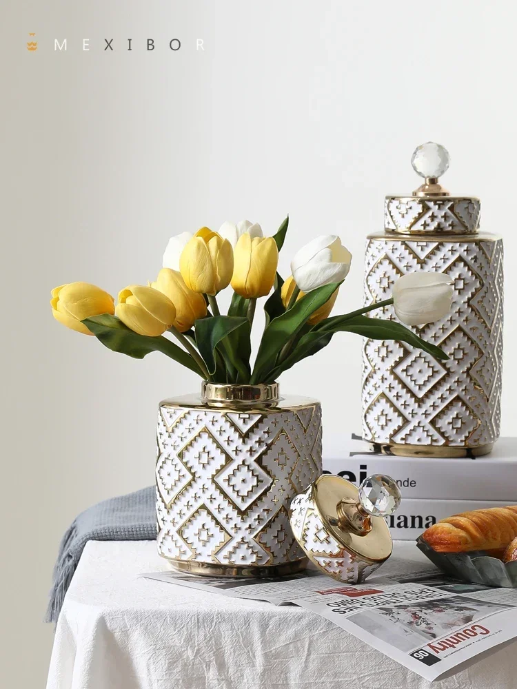 Ceramic Crystal Decorative Jar Checkmate can Geometric Golden Relief Jars Storage Tank Vase Storage container Home Decoration
